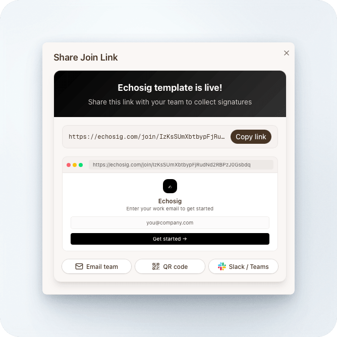 Share a magic link with your team via Slack, WhatsApp, or email. They click, fill in their name, done.