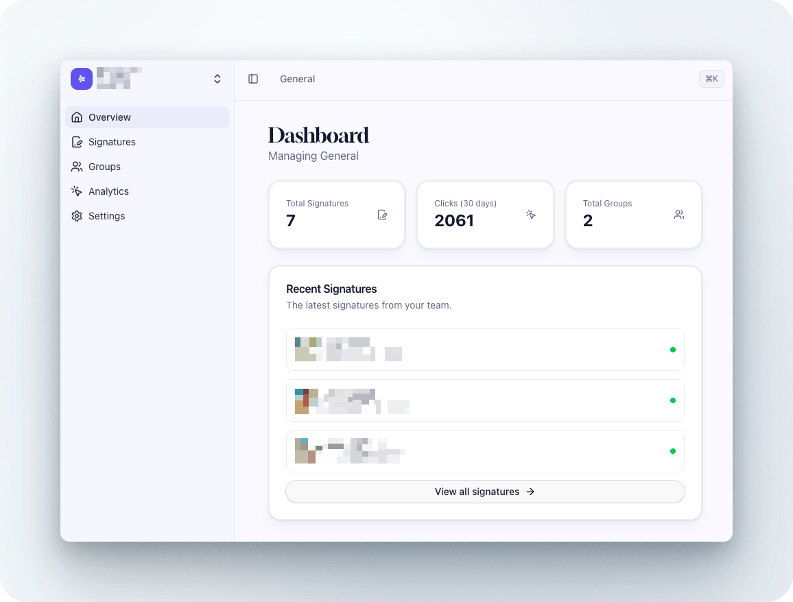 Analytics dashboard showing link clicks per signature, weekly trends, and team member performance